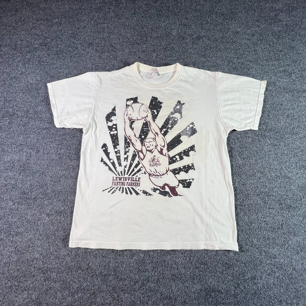 Vintage Jerzees T-Shirt Men M Beige Graphic Lewisville Fighting Farmers Kwik Kar